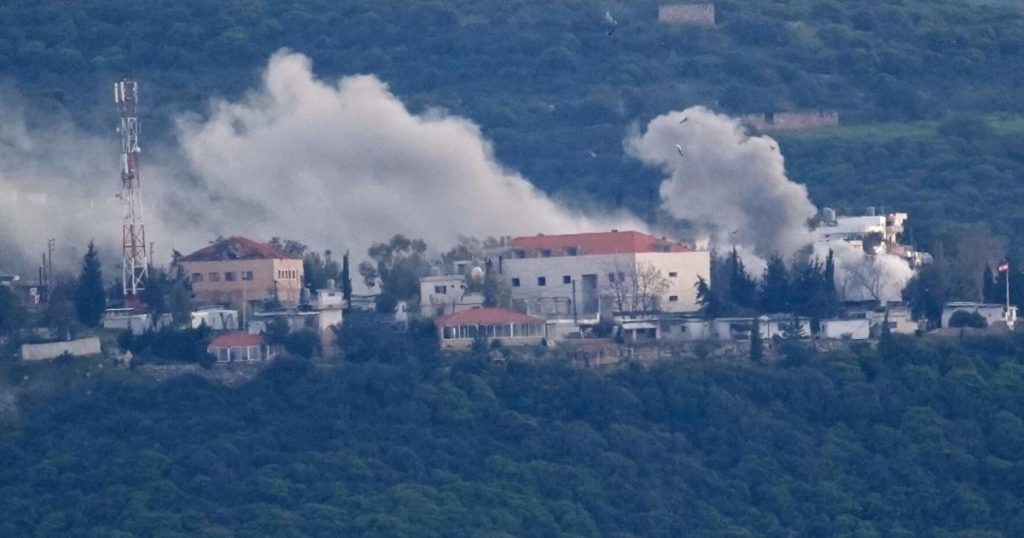 Smoke rises following Israeli airstrikes targeting Hezbollah positions in southern Lebanon, part of ongoing operations excluded from the Iran ceasefire.