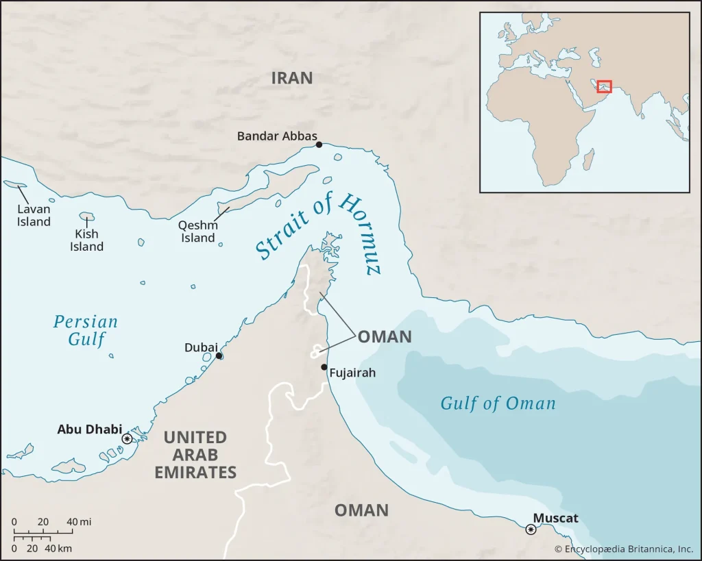 Political map of the Strait of Hormuz — the narrow chokepoint between Iran and Oman that carries about 20% of the world’s oil supply. The April 2026 ceasefire centers on reopening this vital waterway to safe international shipping.