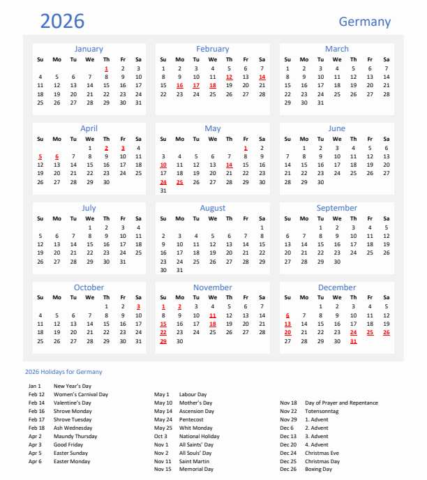 Feiertage in Deutschland: Der vollständige Überblick 2026 2 2026 calendar basic with holidays portrait sunday start en de 612x792 1 e1779522642351
