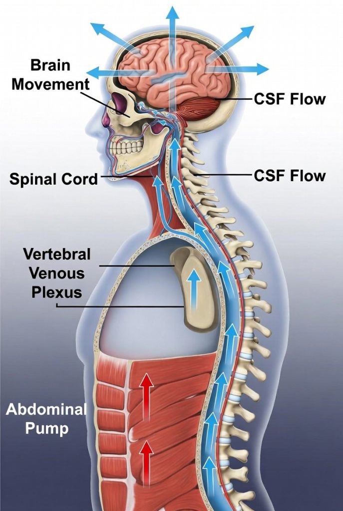 Illustration of the hydraulic brain cleaning mechanism: Abdominal muscle contractions act as a pump, compressing veins in the vertebral venous plexus, causing gentle brain movement and enhanced cerebrospinal fluid (CSF) flow to flush out metabolic waste.
