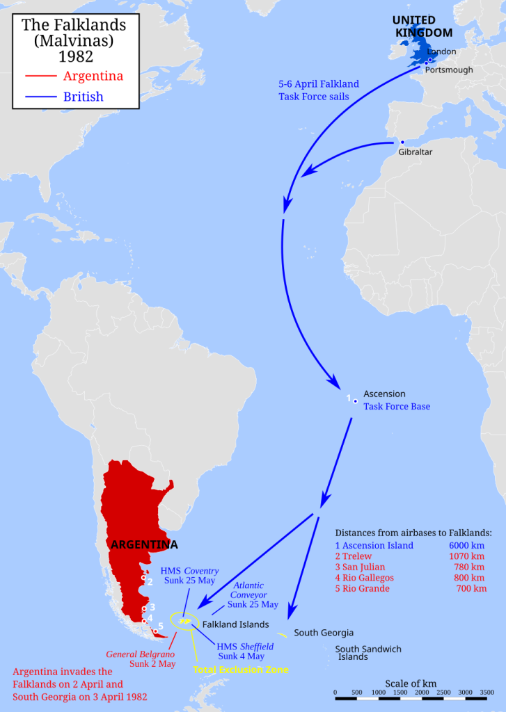 Warum beansprucht Argentinien die Falklandinseln? 2 Falklands War Distances to bases.svg