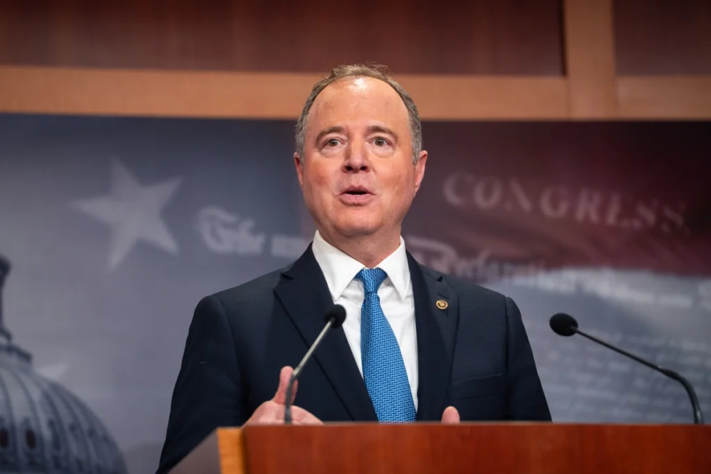 Sen. Adam Schiff (D-Calif.) speaks at a press conference on Capitol Hill in Washington on Jan. 14, 2025. Madalina Kilroy/The Epoch Times