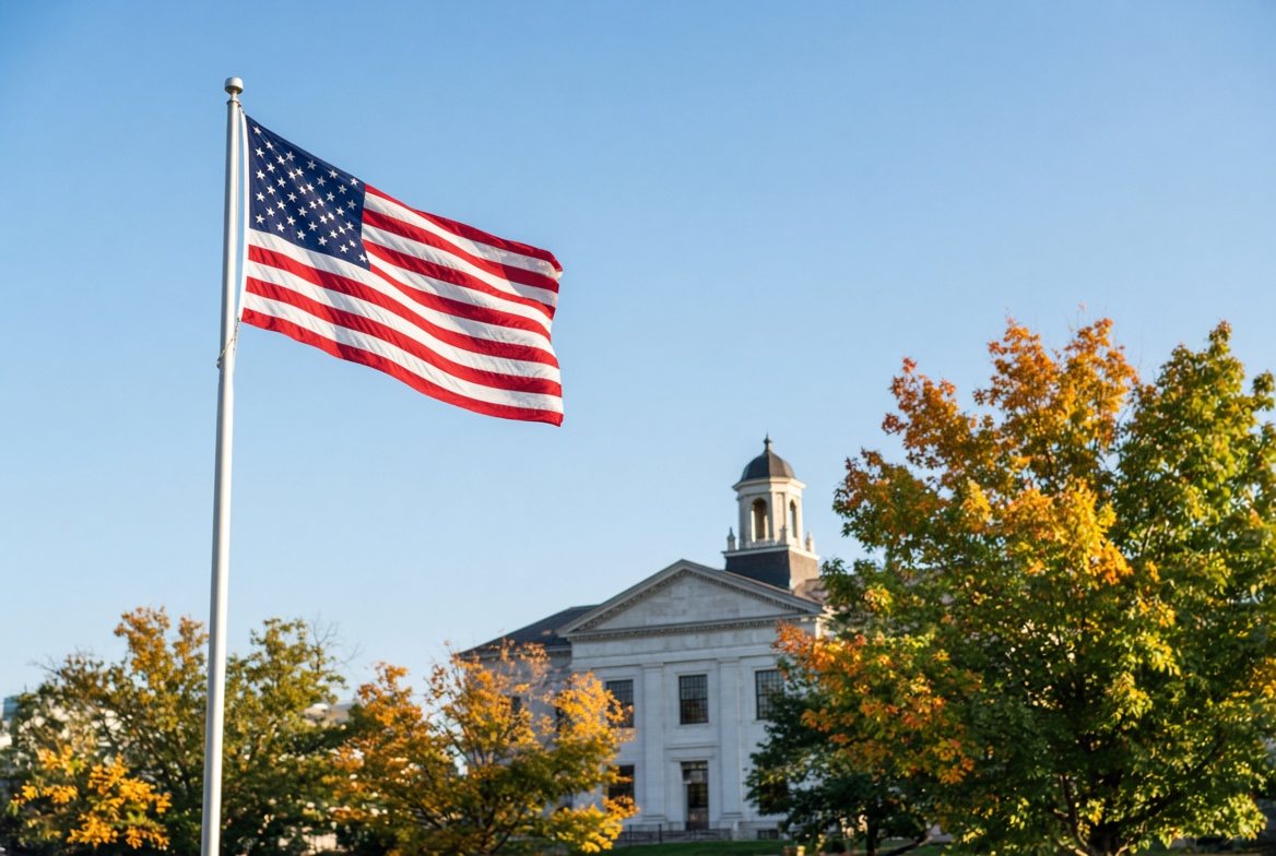 American flag at full staff outside a courthouse in early autumn — why are flags at half-staff today