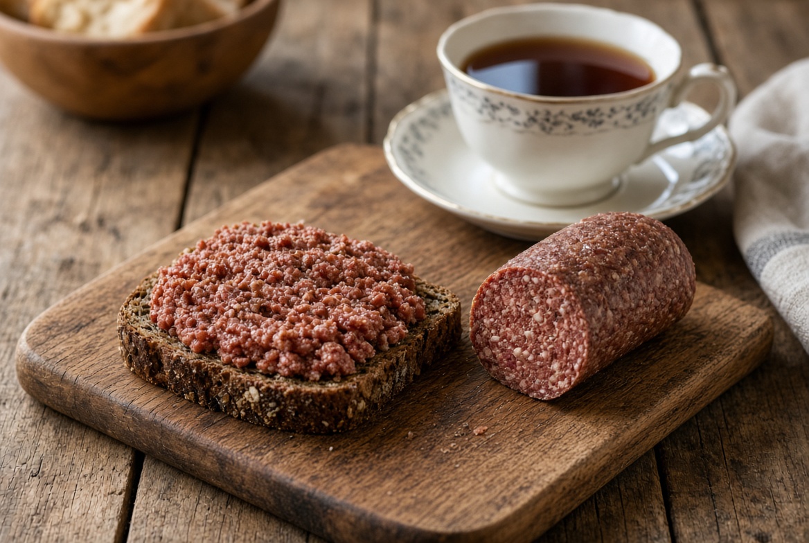 Streichwurst auf Roggenbrot neben einer Tasse Tee – Warum heißt Teewurst Teewurst