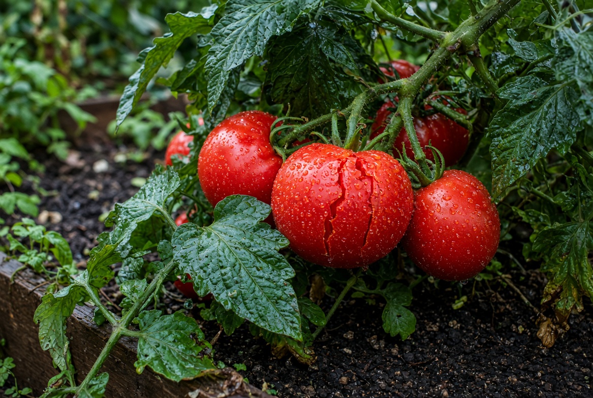 Reife Tomaten am Strauch mit Riss nach Regen – Warum platzen Tomaten auf