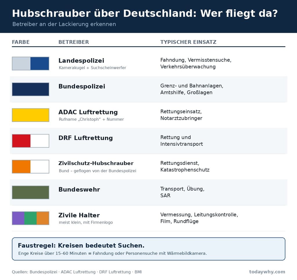 Hubschrauber über Deutschland an der Farbe erkennen – Landespolizei, Bundespolizei, ADAC, DRF, Zivilschutz, Bundeswehr