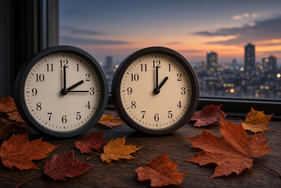 Two analog clocks on a wooden table at dusk, one hour apart, autumn leaves — when daylight saving time starts and ends
