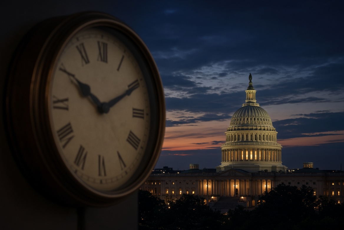 When does Daylight Saving Time start and end in 2026? 4 Clock in the foreground with the US Capitol at dusk