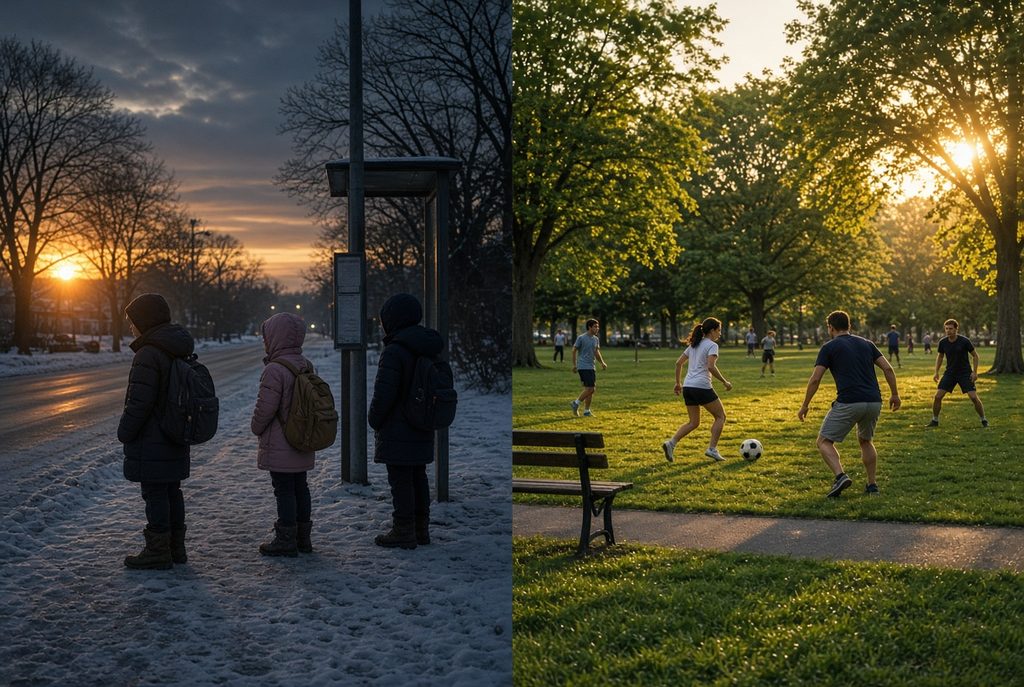 When does Daylight Saving Time start and end in 2026? 5 Split image of children at a dark winter bus stop and adults playing soccer in evening sun