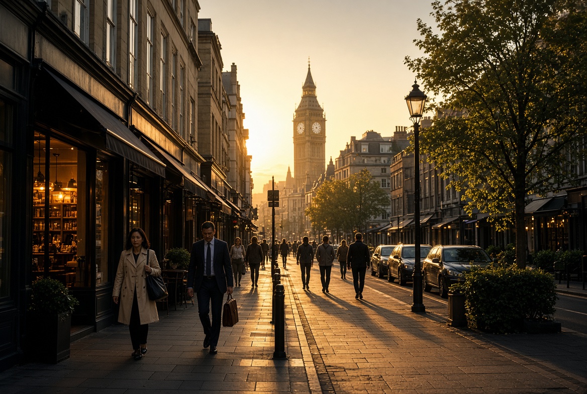 When does Daylight Saving Time start and end in 2026? 3 Evening sunlight on a London street with Big Ben during British Summer Time
