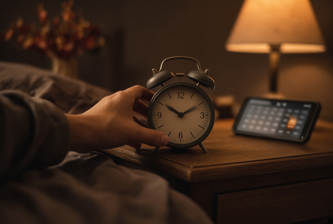 When does Daylight Saving Time start and end in 2026? 2 Hand turning back a bedside alarm clock at night before the DST fall back