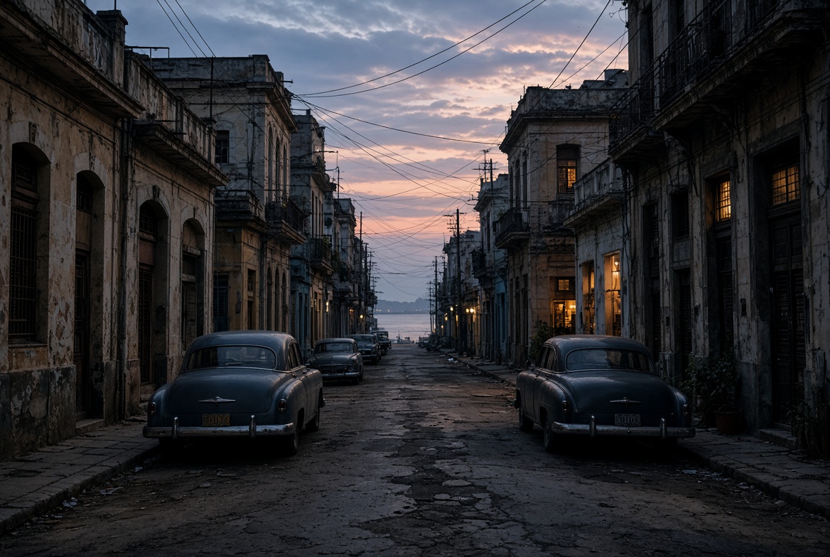Dark Havana street at dusk with a few lit windows — Cuba news today